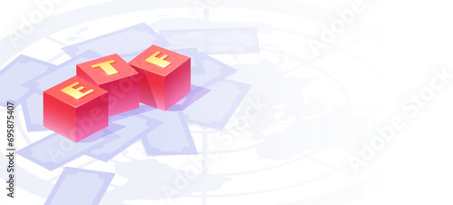 Red ETF cubes on a stack of scattered stock market stocks. Exchange Traded Funds index fund concept in isometric vector.