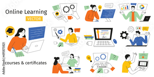 Online education compositions, people learning on computer, distant courses scene collection, vector illustrations of students taking classes on business professions, internet exams and webinars 