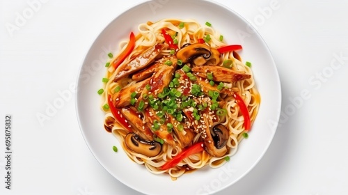 savory asian delight: stir-fry noodles with chicken, red paprika, mushrooms, chives, soy sauce, and sesame seeds in a ceramic bowl on white table