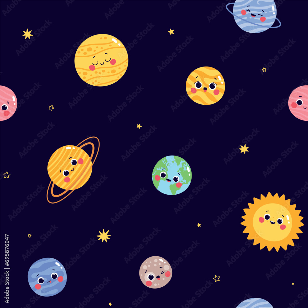 Vector seamless pattern with cute characters planets of the solar system on a dark blue background