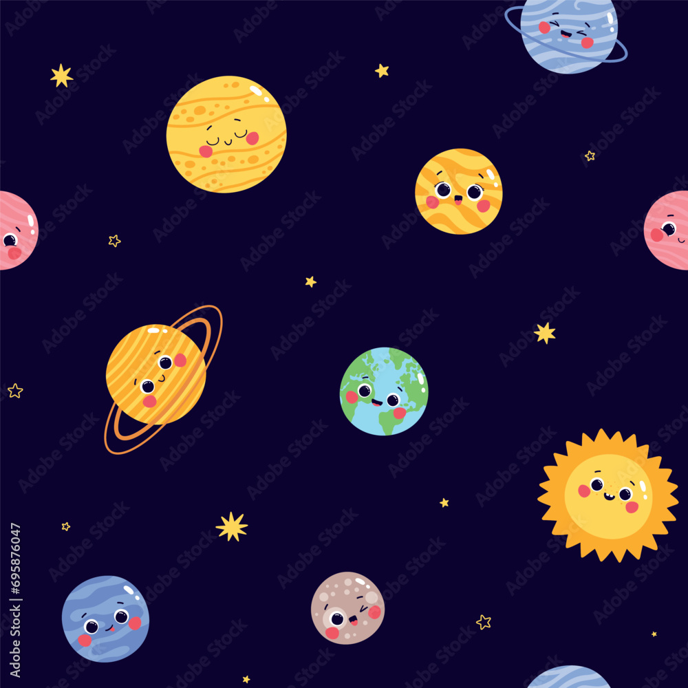 Vector seamless pattern with cute characters planets of the solar system on a dark blue background Vector seamless pattern with cute characters planets of the solar system on a dark blue background