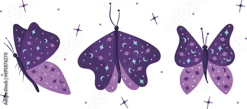Set of hand draw butterflies on white background in purple colors with stars and moon.Vector.