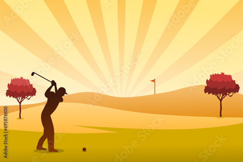Golf course vector illustration with golf player or golfer at sunset. Outdoor Sport.