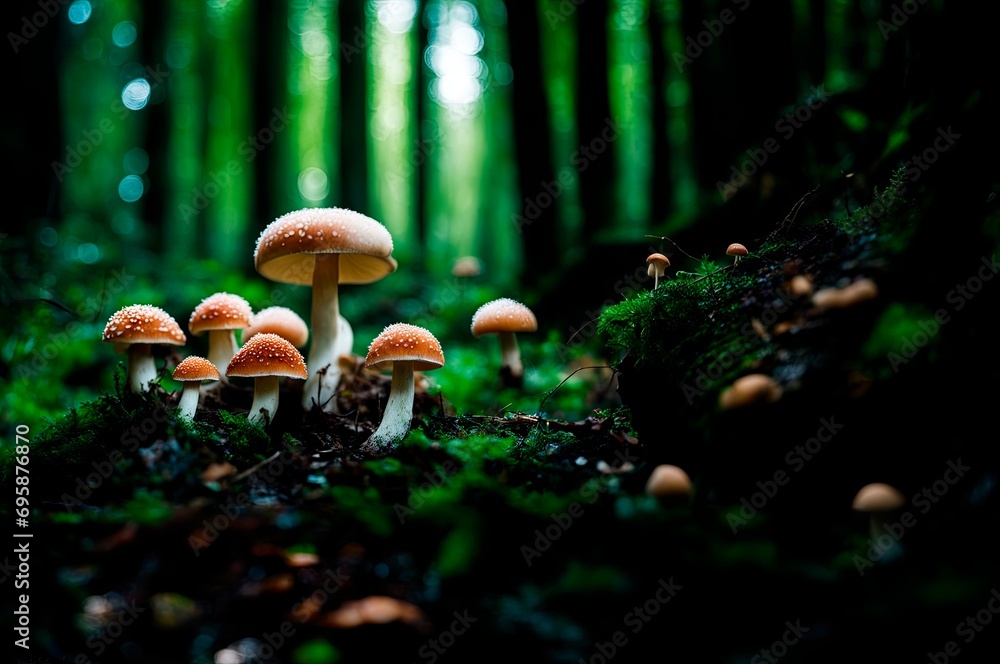 Fototapeta premium Fly agaric or fly-amanita mushrooms fungi with dark blur background and grass on surface.