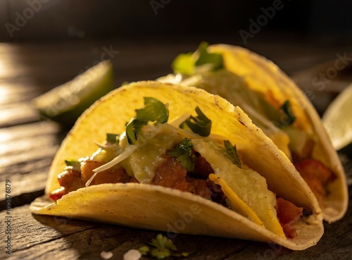 Mexican traditional food. Spicy ''tacos'', typical from Mexico. Seasoned and spicy food. Tex-Mex restaurant dish. Isolated plate, closeup photography.
