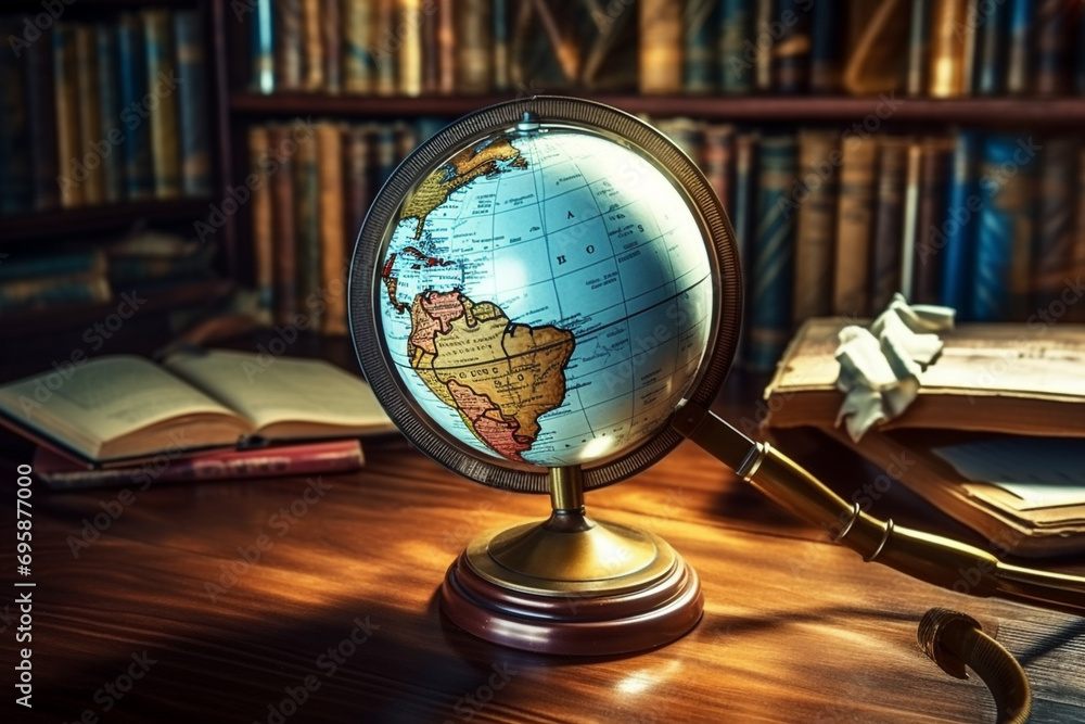 Globe and magnifier, wooden background. travel, study, education geography. map