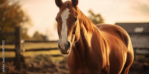 Majestic brown horse in a green meadow, its mane flowing, a portrait of rural equestrian beauty.