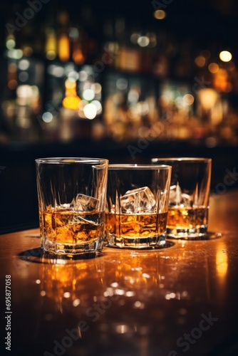 Classic whiskey on the rocks in a glass  the amber liquid glistening against a dark background.