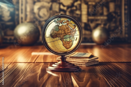 Globe and magnifier, wooden background. travel, study, education geography. map