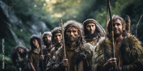 group of prehistoric humans, with a mix of primitive tools and expressions, showcasing the early stages of human evolution in a jungle setting. photo