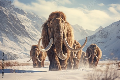 mammoth against a backdrop of a brown landscape, symbolizing the majestic and extinct wildlife of the Pleistocene era. © Andrii Zastrozhnov