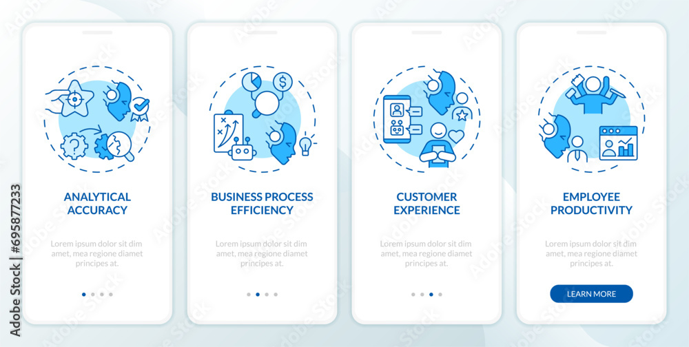 2D icons representing cognitive computing advantages mobile app screen set. Walkthrough 4 steps blue graphic instructions with linear icons concept, UI, UX, GUI template. - obrazy, fototapety, plakaty 