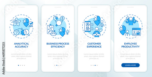 2D icons representing cognitive computing advantages mobile app screen set. Walkthrough 4 steps blue graphic instructions with linear icons concept, UI, UX, GUI template. photo