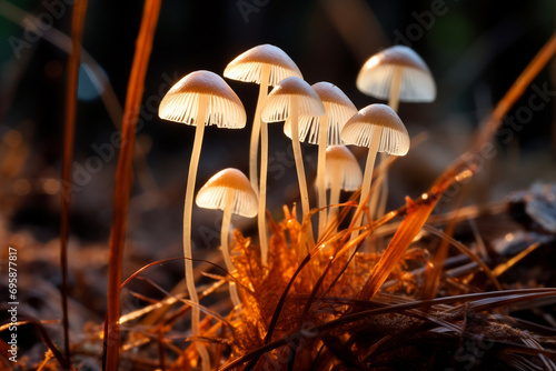 Glowing mycena epipterygia in the grass in the evening light, bright photo photo