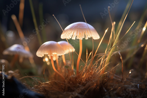 Glowing mycena epipterygia in the grass in the evening light, bright photo photo