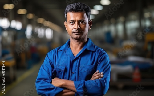 Confident indian male worker or labor standing in the factory