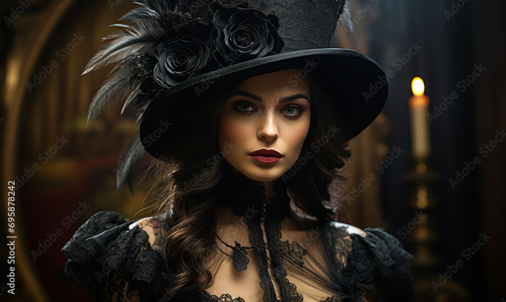 Victorian Gothic Elegance: Mysterious Woman in Dark Lace Attire and Feathered Hat, a Portrait of Enigma and Style Victorian Gothic Elegance: Mysterious Woman in Dark Lace Attire and Feathered Hat, a Portrait of Enigma and Style