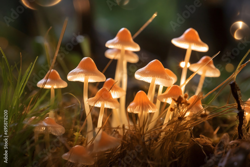 Glowing mycena epipterygia in the grass in the evening light, bright photo