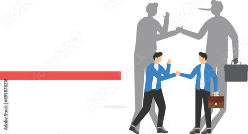 Fraud agreement, dishonest businessman with long nose shadow symbol, deceive people and bad attitude

