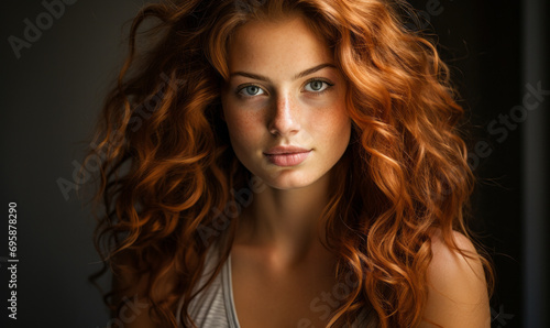 Intense Gaze of a Young Redhead Woman with Curly Hair in Soft Light, Evoking a Reflective Mood