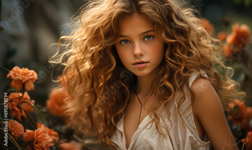 Portrait of a Young Girl with Voluminous Curly Blonde Hair and Ethereal Beauty in a Dreamlike Setting