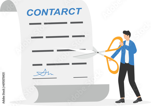 Contract cancellation or agreement terminated, partnership breaking signed business deal, code of conduct mistake concept, confident businessman using sword to cut agreement contract document apart.

