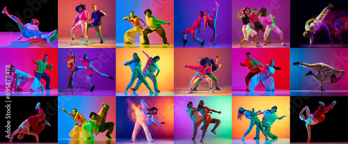 Collage. Talented artistic young people, hip hop, breakdance dancers performing over multicolored background in neon light. Concept of modern dance styles, hobby, youth, active lifestyle photo