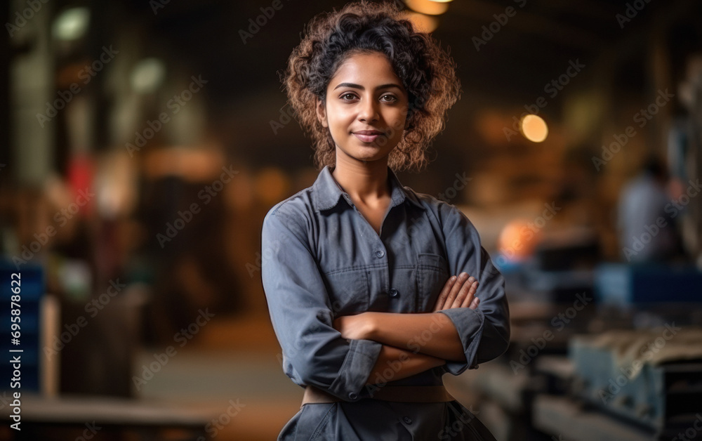 Young and confident indian female worker or labor at factory - obrazy, fototapety, plakaty 