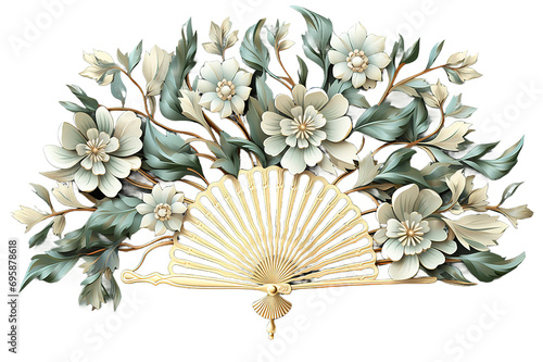 Watercolor illustration of a gray open paper fan with cherry blossoms. Element isolated on a Transparent background. Generative AI
