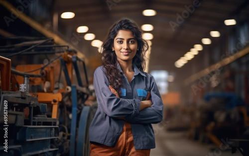 Young and confident indian female worker or labor at factory