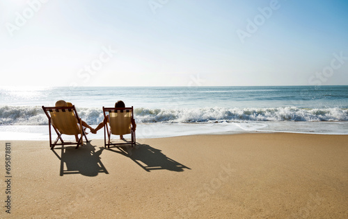 Couple sunbathing on a beach chair. photo