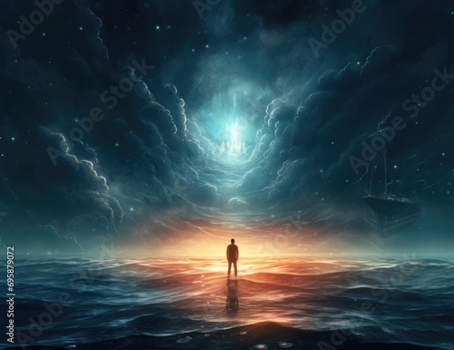 Person standing in the middle of the ocean looking towards the moon