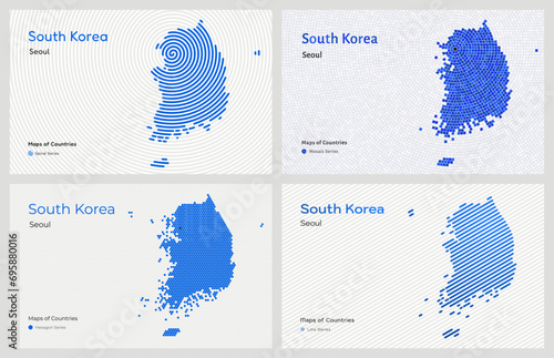 Creative map set of 4 styles of South Korea. Capital Seoul. Capital. World Countries vector maps series. White photo