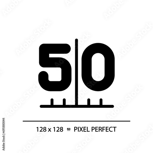 American football field black glyph icon. 50 yard line. Field marks. Football game rules. Outdoor sports. Team play. Silhouette symbol on white space. Solid pictogram. Vector isolated illustration