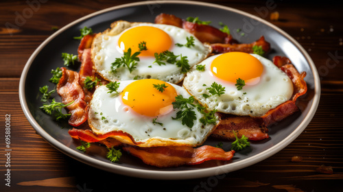 Classic Breakfast Plate with Sunny Side Up Eggs and Crispy Bacon, Garnished with Fresh Parsley
