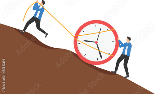 Time management, effort or efficiency boost, productivity to finish projects, teamwork or planning, multitasking or finish work within deadline concept, business people riding clock up rising arrow.


