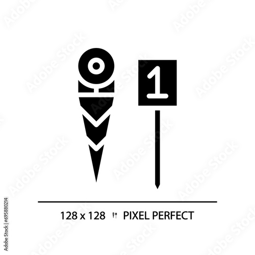 First down marker black glyph icon. American football equipment. Offense team target. Team play. Rules of game. Silhouette symbol on white space. Solid pictogram. Vector isolated illustration