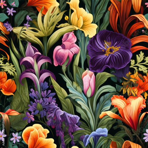 Seamless floral pattern with crocuses  tulips and pansies.