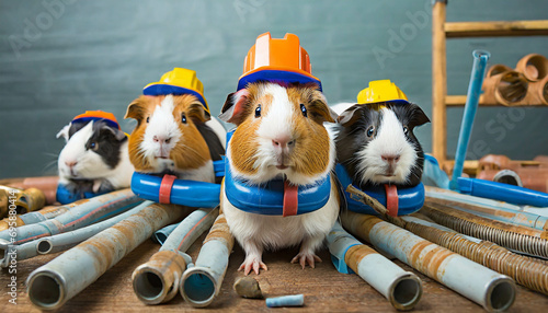 guinea pigs dresses as plumber team .ai generated