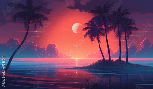 Synth wave retro landscape background with sunset
