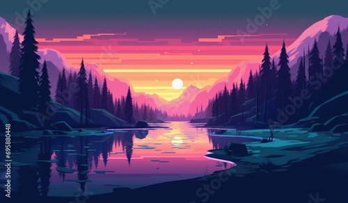 Synth wave retro landscape background with sunset