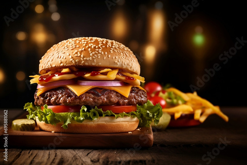 Hamburger fast food panino con patatine fritte e bevanda in contesto scenografico in tavola calda photo