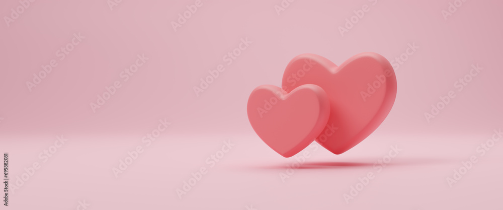 3D Cute hearts festive decorative composition. Romantic creative composition. Happy Valentine's Day. Heart shape focus in love, heart and love emoji icon feeling in love. Copy space. 3d rendering