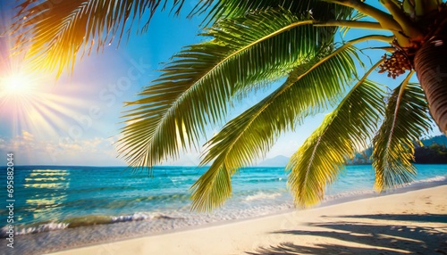 sunny tropical beach the leaves of palm trees tropical beach summer vacation and tropical beach background concept