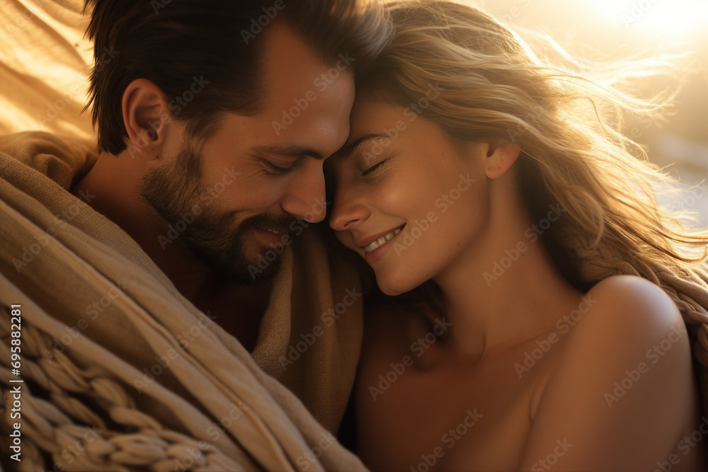 AI generated image of cute people cozy couple enveloped in a warm blanket together AI generated image of cute people cozy couple enveloped in a warm blanket together