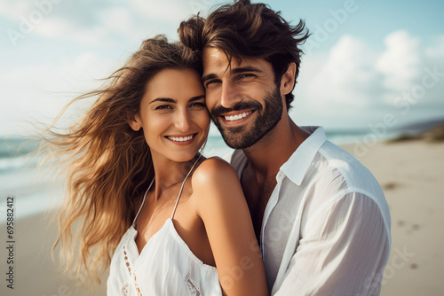 Generative AI picture of cheerful beautiful couple enjoying vacation on a tropical beach