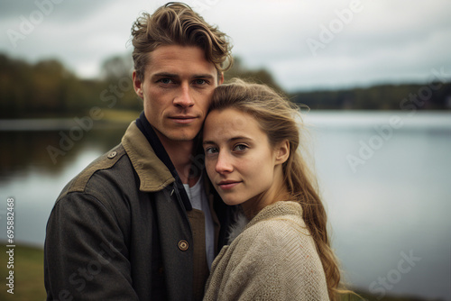 Young couple in love walking in autumn park romantic moment generative AI concept