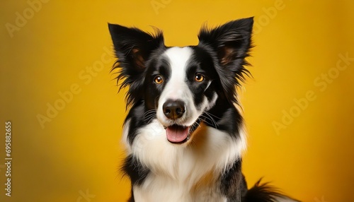black and white border collie dog on yellow background © Dayami