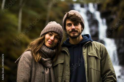 Beautiful cheerful couple spending vacation walking in park generative AI