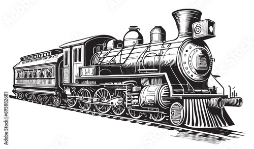 Retro steam train hand drawn sketch Passenger trans illustration...